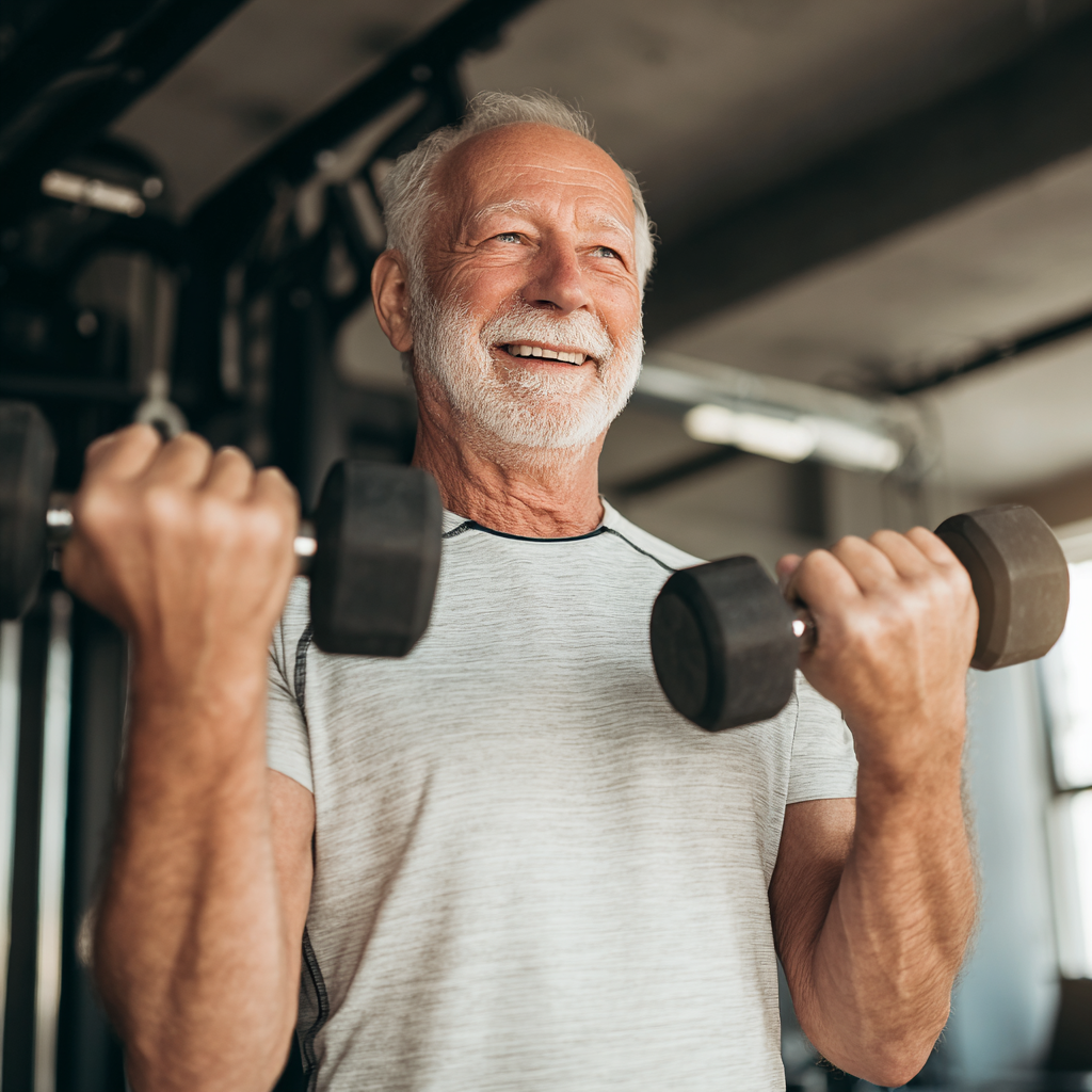 Smiling elderly European man practicing breathing exercises outdoors