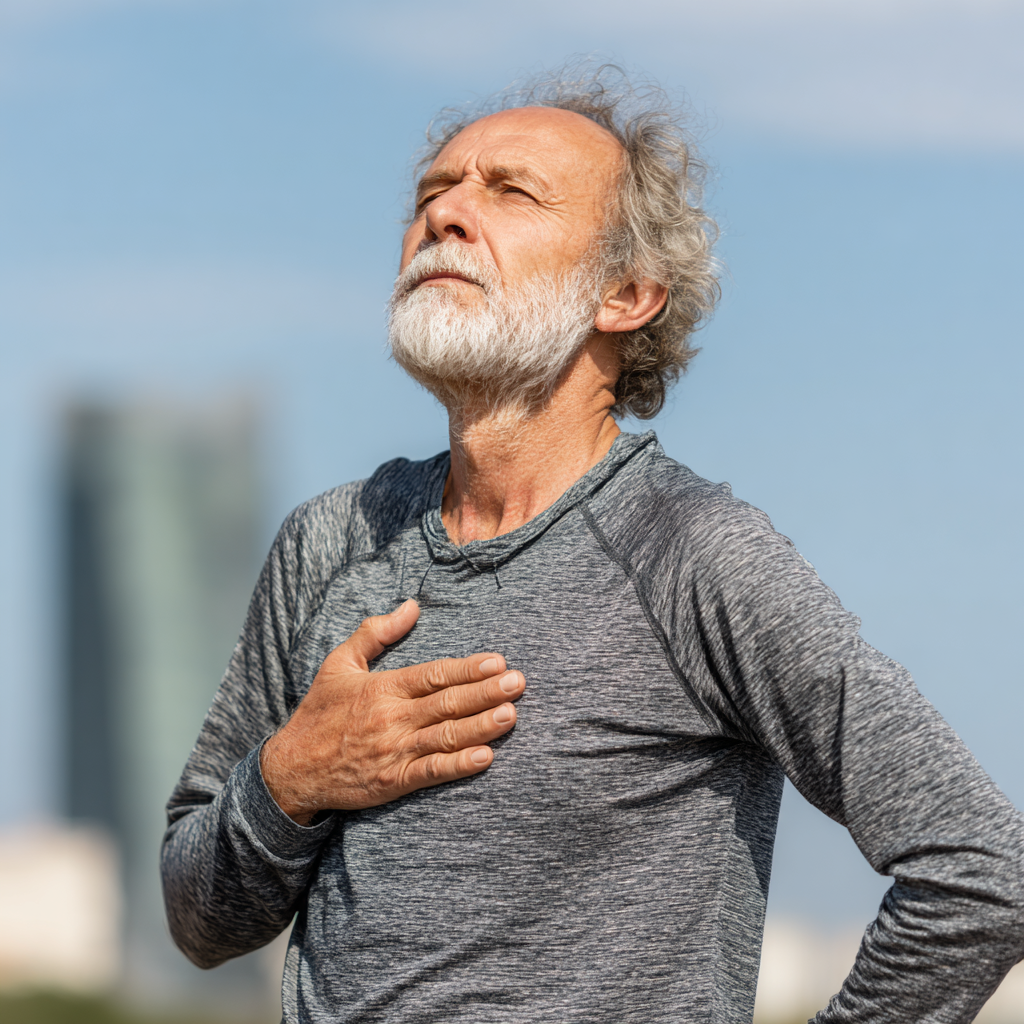 Confident elderly European man doing outdoor fitness exercises with a calm expression