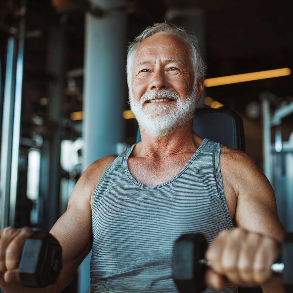 Happy elderly European man in athletic wear demonstrating proper posture and strength